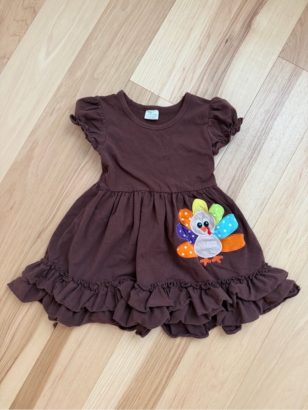 Girls Brown Ruffle Dress with Colorful Turkey Appliqué
